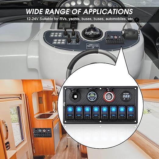 MKING Marine Switch Panel - 8 Gang Waterproof Rocker Panel With Circuit Breaker, USB & Type-C Charger, Digital Voltmeter, Cigarette Socket, 12V Blue LED