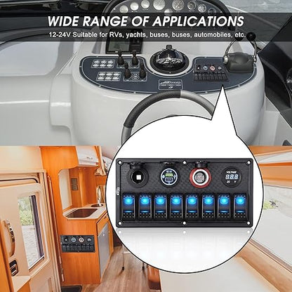 MKING Marine Switch Panel - 8 Gang Waterproof Rocker Panel With Circuit Breaker, USB & Type-C Charger, Digital Voltmeter, Cigarette Socket, 12V Blue LED