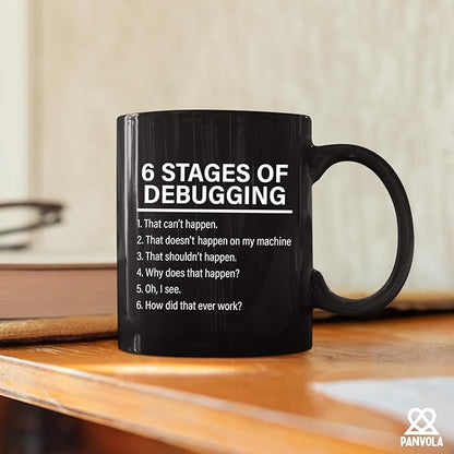 Panvola Stages Of Debugging Computer Programmer Gift Funny Programming Mug For Dad Husband Boyfriend Coworker From Wife Girlfriend Friends Coffee Cup (11 oz, Black)