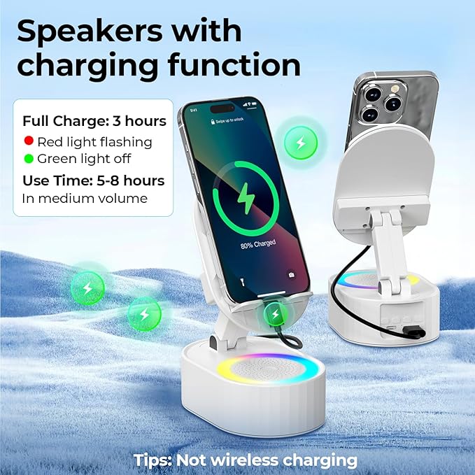 Wireless Induction Audio Bluetooth Speaker 5in1 Phone Holder Emergency Rechargeable (3000mAh) with Colorful Ambient Light 300° Foldable for Tablet iPhone Android, Gifts for Men Women (White)