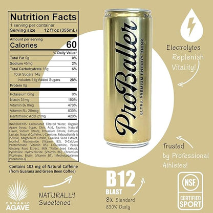ProBaller Ultra Premium Energy Drink - Natural Clean NSF Certified Sport Drink with Amino Acids, Taurine, Biotin, Organic Agave, Vitamin B 12 Methylcobalamin, & Electrolytes - 15 Pack - Citrus