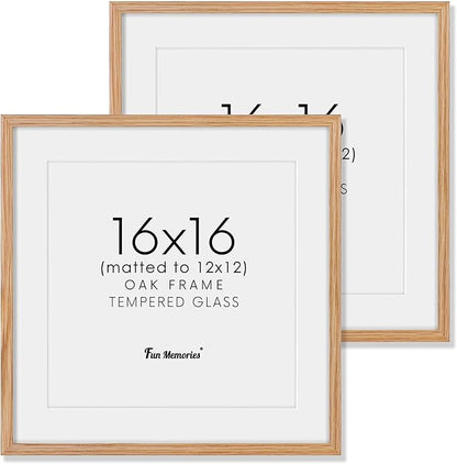 16x16 Picture Frames, Solid Oak Wood Photo Frame 16 by 16, Rustic Wooden Square Picture Frame with Tempered Real Glass, 16 x 16 Square Frame Matted to 12 x 12, Natural Color, Set of 2