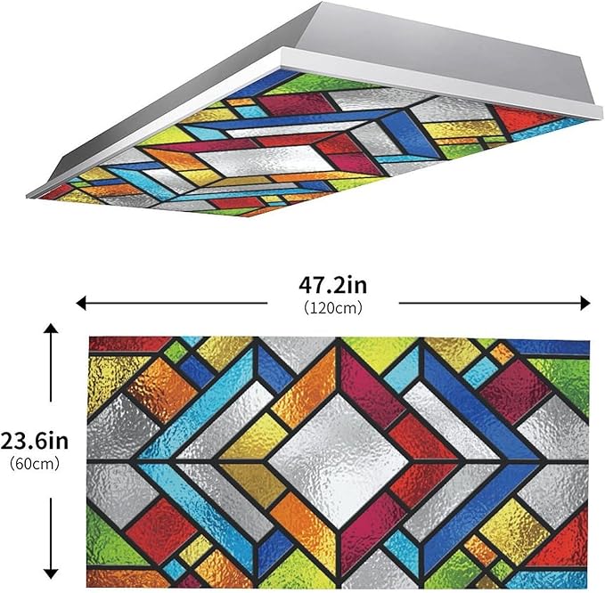 2PCS Fluorescent Light Cover for Ceiling Light Classroom-Stained Glass Patten Magnetic Light Cover Shade Panel,Decorative Film Filter for Reducing Harsh Glare Flicker Home School Office Decorations