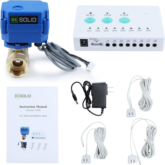 U.S. Solid Water Leak Detector - Water Leak Detect and Protect System with 3/4" Brass Motorized Ball Valve, Controller and 3 Sensors