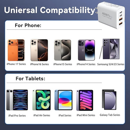 USB C Wall Fast Charger Block, 40W 4-Port Type C Chargers Fast Charging Blocks PD Power Charger Adapter+QC 3.0 USB Multiport Charger Brick for Phone 17/16/15/14/13/12 Pro Max, i-Pad, Galaxy S25-2Pack