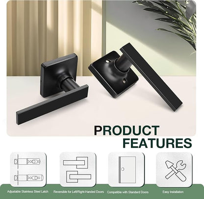 GOBEKOR 3 Pack Passage Door Levers with Lock - Square Black Door Handles for Hall Closet