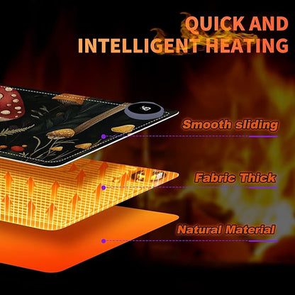 Heated Mouse Pad 31.5x13 in 3-Temp Fast Heating Desk Mat with Auto Timer Warmer for Hands Wrist Pain Relief Waterproof Keyboard Mat for Office, Gaming, Home, Mushroom Forest