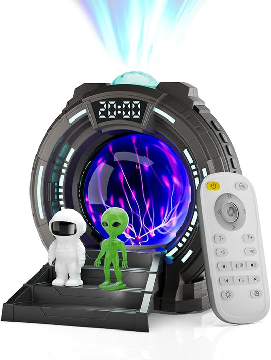 Galactic Portal Galaxy Projector Lamp with Plasma Ball – Aurora Projector Night Light with Smart Speaker, Astronaut & Alien Room Decor for Kids & Teens