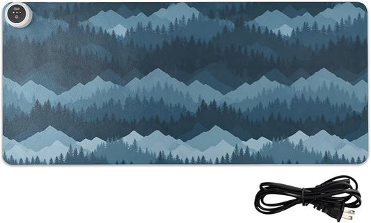 Heated Desk Pad Mouse Pad 31.5x13 Inch PU Leather Desk Mat with 3 Heat Levels Large Mouse Gaming Computer Laptop Mat Blue Mountains and Pine Trees