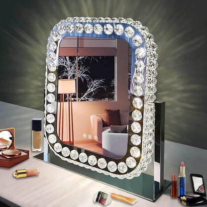 Hollywood Crystal Vanity Mirror with Lights 3 Color Adjustable Brightness Light 360° Rotation Large Crystal Lighted Vanity Mirror for Tabletop Desk Crystals LED Makeup Mirror with Lights