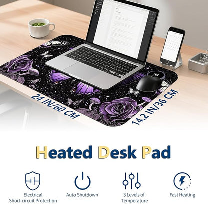 Heated Mouse Pad with 3 Temperature Settings(104°F–122°F),Large 24x14.2 Inch PU Leather Heated Desk Mat,Waterproof Warming Pad for Office,Gaming & Cold Hands Relief,Purple Butterfly Flower