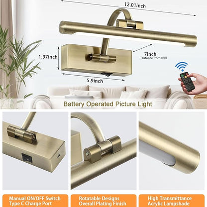Wireless Picture Lights for Wall,12 Inch Battery Operated Picture Light,3CCT Dimmable Lights for Pictures on Wall with Timer and Remote for Display Photo Frame (Antique Bronze, 12inch)