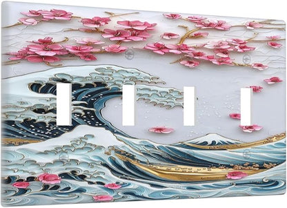 Light Switch Covers The Great Wave Off Kanagawa With Sakura Quad Toggle Electrical Faceplate 4 Gang Wall Plate Decorative Switch Plates for Bedroom Bathroom Decor
