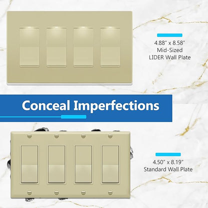 LIDER Matte Finish Decorator Switch Cover, Screwless Wall Plate, Mid-Size 4-Gang 4.88" x 8.58", Unbreakable Polycarbonate Thermoplastic, UL Listed, LSWP-34M-I, Ivory