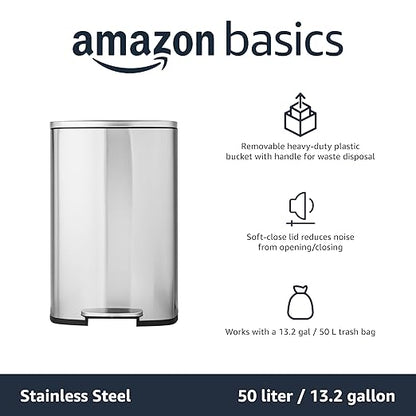 Amazon Basics Smudge Resistant Rectangular Trash Can With Soft-Close Foot Pedal, Brushed Stainless Steel, 50L/13.2 Gal, 16.7x14.7x25.9 in, Satin Nickel Finish