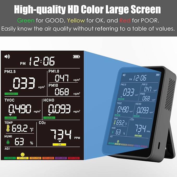 Professional Indoor Air Quality Monitor with AQI Beep Alarms, Portable Real-Time Detector for Home Cars Plants and Pets (Black)