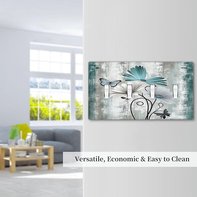 Light Switch Covers Rustic Teal Daisy Floral Flowers Butterfly Wood Grain Quad Toggle Electrical Faceplate 4 Gang Wall Plate Decorative Switch Plates for Bathroom Bedroom Decor