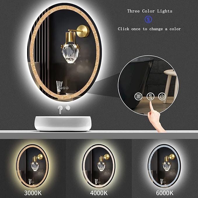 LED Oval Crystal Bathroom Vanity Mirror with Lights - 20x30inch Smart Wall Mirror with 3Color Anti-Fog Dimmable Touch Memory Crystal Light