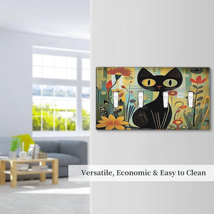 Funny Cat Retro Abstract Flowers Kitten Light Switch Covers Quad Toggle Electrical Faceplate 4 Gang Wall Plate Decorative Switch Plates For Kids Room Bed Room Decor