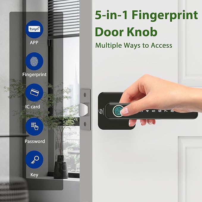 Smart Door Lock, Fingerprint Door Knob, 5 in 1 Digital Knob APP/Keypad Code/IC Cards/Fingerprint/Keys, for Home Hotel Apartment Office
