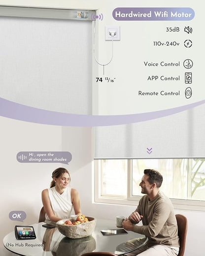 Graywind Motorized Light Filtering Shades Compatible with Alexa Google Hardwired WiFi Smart Half Shading Remote Control Automated Blinds Electric Window Shades, Custom Size (Pure White)