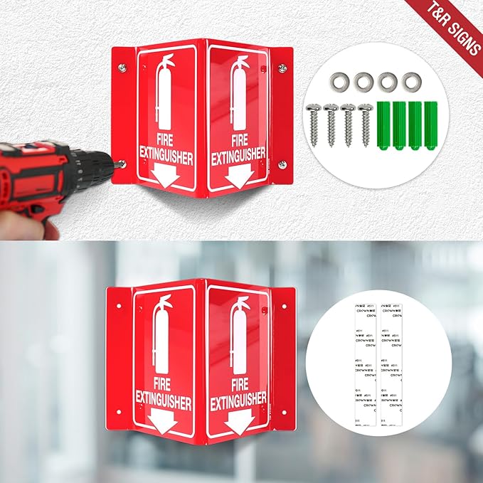 T&R Fire Extinguisher Sign, Fire Extinguisher with Down Arrow - 12 Pack - 8 x 6 Inches Acrylic, 4 pre-drilled holes, Includes Matching Screws, Use for Home Office/Business