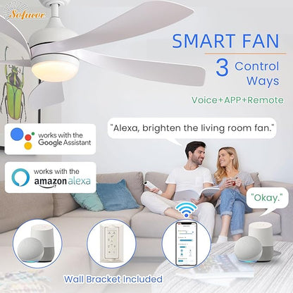 Sofucor 52" Smart Ceiling Fan, Indoor/Outdoor White Ceiling Fans with Lights and Remote, Works with Alexa/Google/App, 3-Color Light 6-Speed Timing Reversible DC Motor for Bedroom Living Room Patio