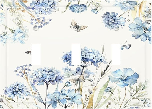 Decorative Switch Plates Blue Floral Hydrangea Plants 3 Gang Wall Plate Faceplate Triple Toggle Light Switch Cover Electrical Wall Panels for Bedroom Home Decor