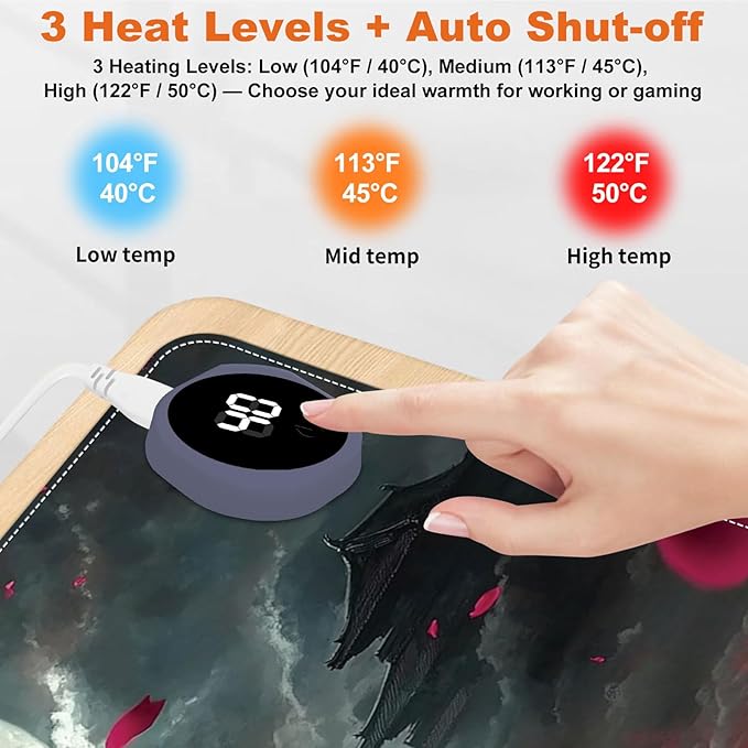 Small Heated Desk Pad 23.6" x 14.2" – Compact Electric Mouse Pad with 3 Heating Levels, Auto Shut-Off, Waterproof PU Surface, Plug-in Warmer for Office or Home Use, Samurai
