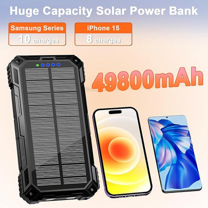 WONGKUO Solar Charger Power Bank - 49800mAh Solar Phone Charger with USB-C in/Output, QC 3.0 Fast Charging with LED Flashlight, Built-in 4 Cables, IP65 Waterproof Fits for Outdoor (Flash Black)