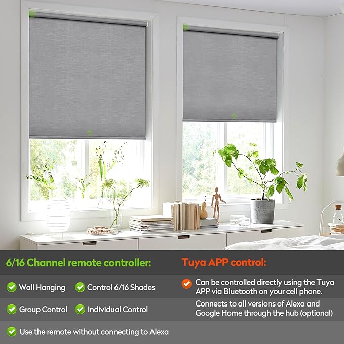 ZSTARR Motorized Blackout Roller Blinds with Remote Control,Rechargeable Smart Window Shades Compatible with Alexa Google via Hub,Fabric Wrapped Valance, Custom Size (Gray)