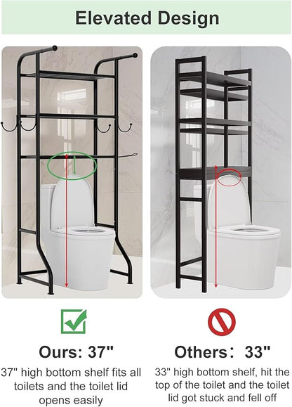 3-Tier Over The Toilet Storage Shelf，Bathroom Organizers and Storage Over Toilet，Metal Bathroom Space Saver with 2 Bars，1 Paper Holder and 4 Hooks,Black