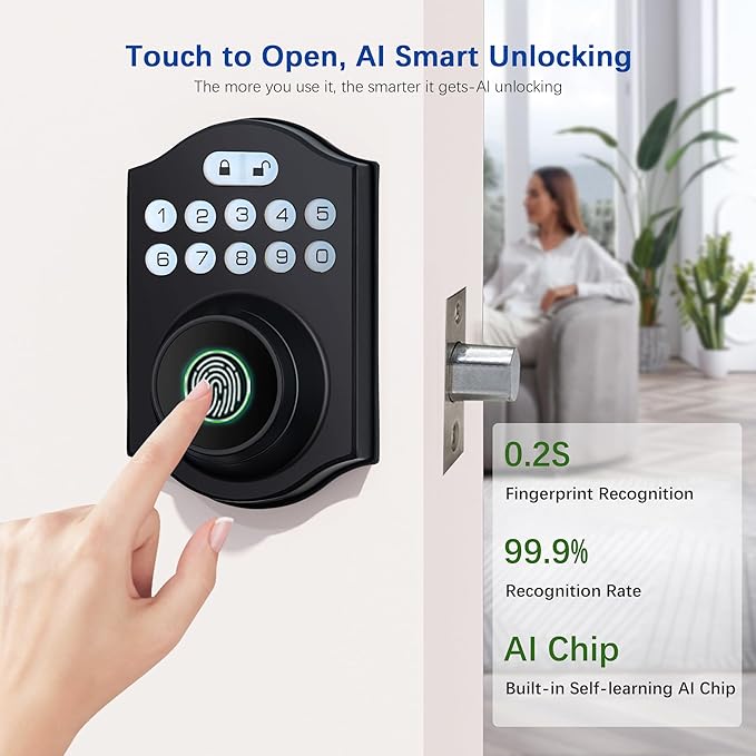 Smart Fingerprint Door Lock, Keyless Entry Deadbolt with Electronic Keypad, Bluetooth App Control, One Time Code, IP65 Weatherproof, for Front Door/Home/Office (Matte Black)