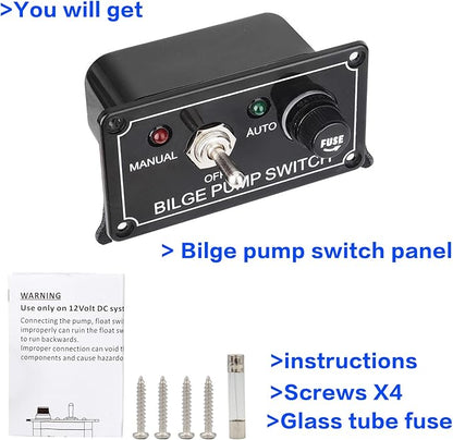 12V Bilge Pump Control Switch Panel 3 Way Manual/Off/Auto with LED Indicator 5A Fuse for Yacht Camper Truck Marine Boat