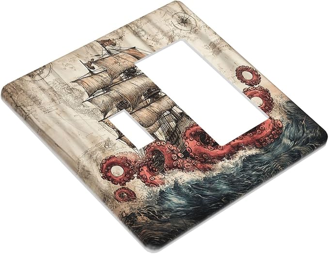Outlet Covers Vintage Octopus Ocean Sailboat Bizarre Adventure 1 Toggle 1 Rocker Combination Decorative Wall Plate Light Switch Cover Plate Electrical Switch Plates for Bathroom Kids room Decor