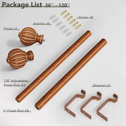 Reddish-Brown Wood Curtain Rods for Windows 66 to 120 Inch, 1'' Adjustable Heavy Duty Curtain Rod，Vintage Imitation Wood Decorative Drapery Rods with Pumpkin Finials for Bedroom Living Room