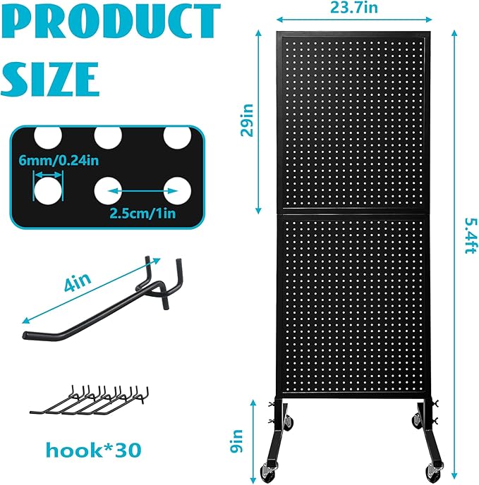 Royxen Standing Pegboard Display 2 x 5 Feet, Metal Pegboard with 30 Hooks, Peg Board Display Stand with Wheels for Vendors, Home and Retail Store (Black)