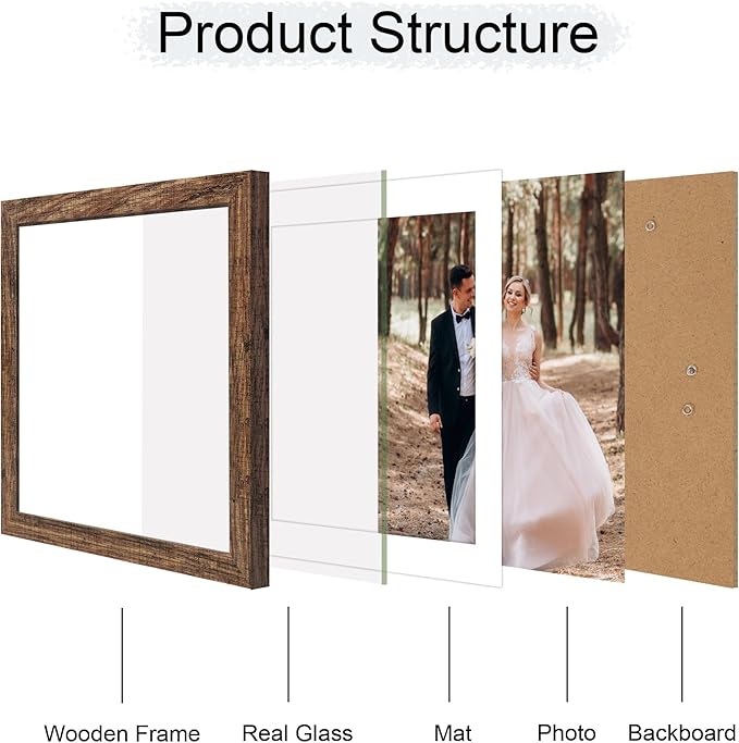 iRahmen 12x12 Picture Frame Set of 4 with Tempered Glass, Rustic Frame Display 10x10 Pictures with Mat or 12 x 12 Without Mat, Wood Square Photo Frames for Desktop Display and Wall Mounting
