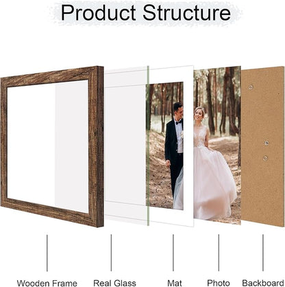 iRahmen 12x12 Picture Frame Set of 4 with Tempered Glass, Rustic Frame Display 10x10 Pictures with Mat or 12 x 12 Without Mat, Wood Square Photo Frames for Desktop Display and Wall Mounting