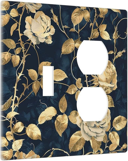 Wallplates Boho Vintage Floral Golden Flower Dark Blue Background 1 Toggle 1 Duplex Switch Plate Electrical GFCI Faceplate Decorative Light Switch Covers for Bedroom living Room Decor