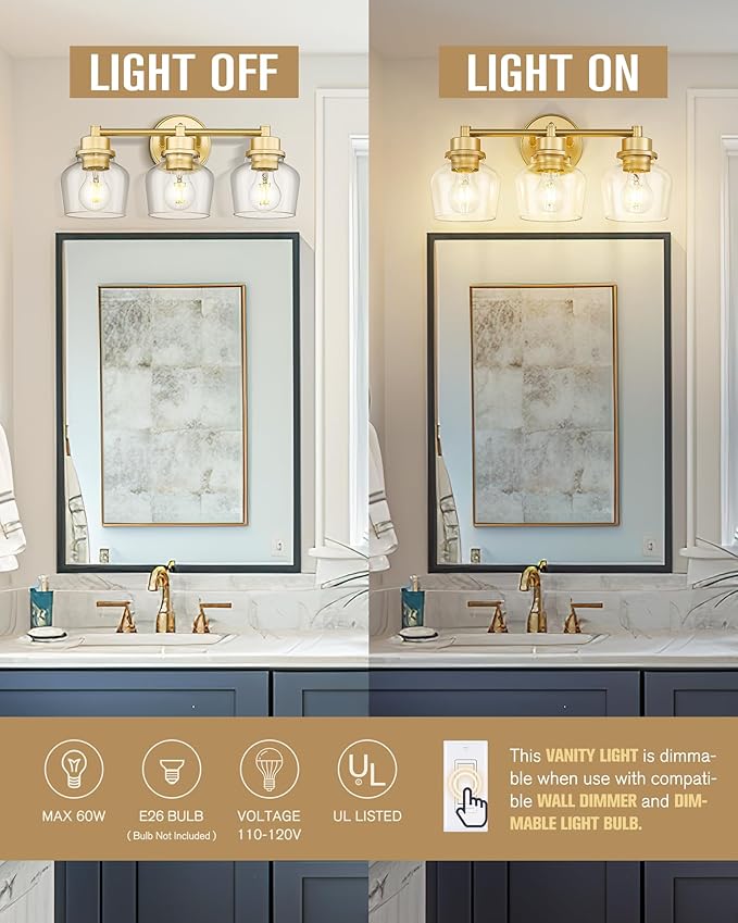 Emak Modern Gold Vanity Lights, Bathroom Lighting Fixtures Over Mirror with Clear Glass Shade, 3-Light Vanity Light for Bathroom, Mirror, Makeup Desk, VL122-GD-CG-3