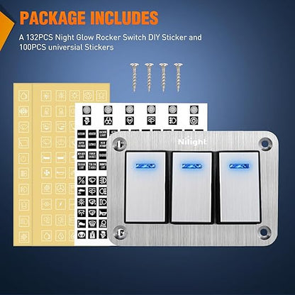 Nilight 3 Gang Rocker Switch Panel 3 Pin On Off Pre-Wired Blue LED Waterproof Aluminum with DIY Stickers for 12V 24V Automotive Cars Marine Boats UTV Truck Jeeps