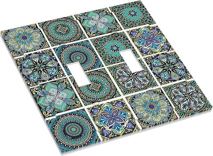 Decorative Switch Plates Mandala Decorative Rustic Vintage Turquoise Pattern 2 Gang Double Toggle Outlet Light Switch Cover Wall Plate Electrical Faceplate for Bedroom Bathroom Decor