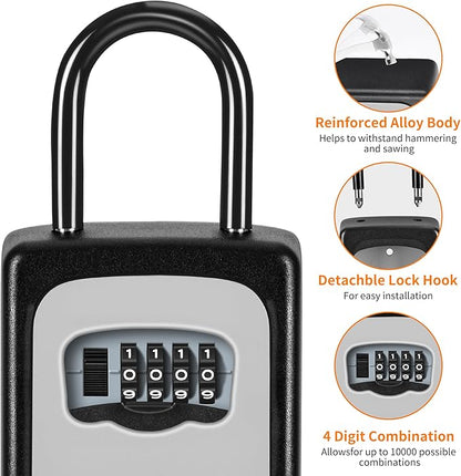 Portable Key Lock Box, Upgrade Clearly Visible Numbers, Lock Box Wall Mounted for House Key, 5 Key Capacity, Weatherproof Resettable Code (White, 4)