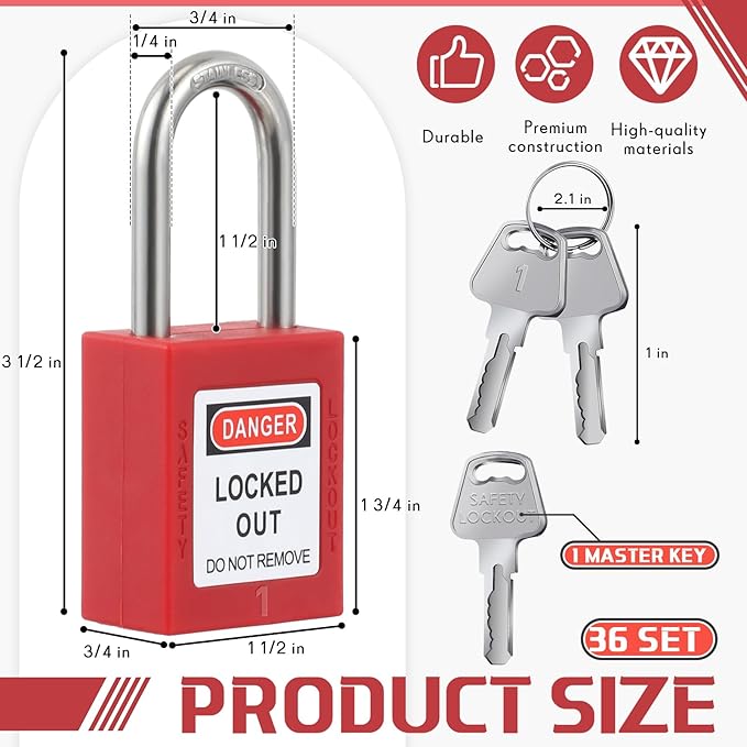 Landhoow 36 Set Lockout Tagout Locks and Keys Kit Loto Locks Different Safety Lock 2 Keys Per Lock Tag Out Padlocks for Electrical Lockout Tag Out Stations and Devices Kits (Red)