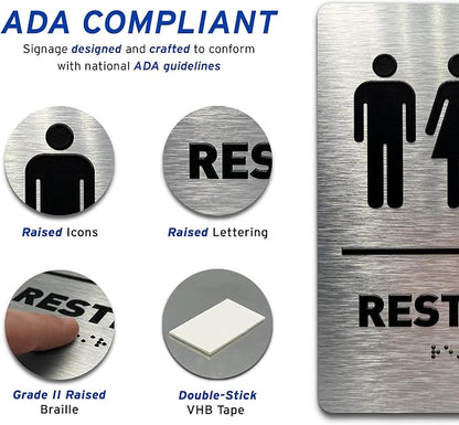 Women/Wheelchair Restroom Sign by GDS - ADA Compliant, Wheelchair Accessible, Raised Icons, Grade 2 Braille - Includes Adhesive Strips for Easy Installation - Bathroom Sign, Bathroom Signs for Business, Restroom Signs for Business - 6" W x 8" H (Brushe...
