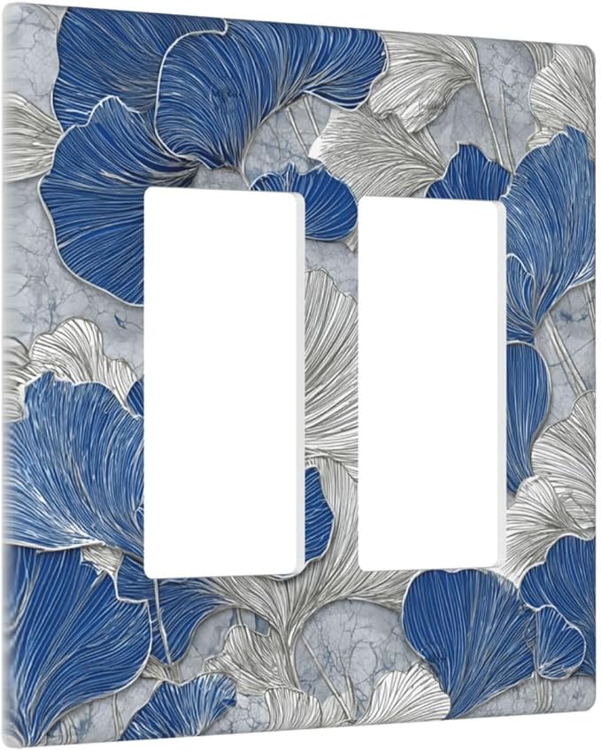 Abstract Blue Marble Plant Leaves 2 Gang Double Rocker Decorative Light Switch Covers Electrical Faceplate Switch Plates for Bathroom Kitchen Home