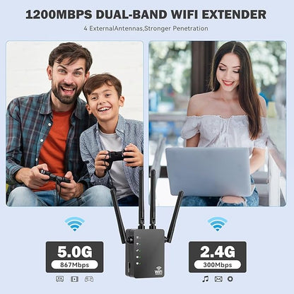 WiFi Extender Signal Booster, Dual-Band 5GHz/2.4GHz 1200Mbps Repeater, Covers Up to 13,888 sq.ft & 150 Devices, Long-Range Internet Booster for Home, Garage, Basement, Outdoor, WPS Easy Setup