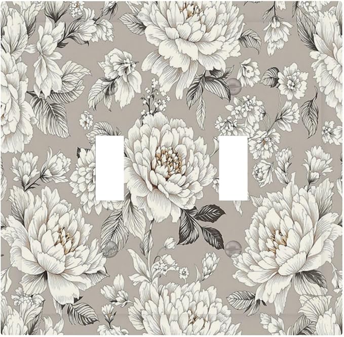 White Poppies Floral Modern Grey Peonies Flowers Decorative Switch Plates 2 Gang Double Toggle Outlet Light Switch Cover Wall Plate Electrical Faceplate for Bedroom Bathroom Decor