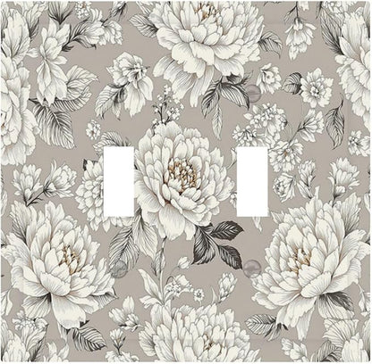 White Poppies Floral Modern Grey Peonies Flowers Decorative Switch Plates 2 Gang Double Toggle Outlet Light Switch Cover Wall Plate Electrical Faceplate for Bedroom Bathroom Decor